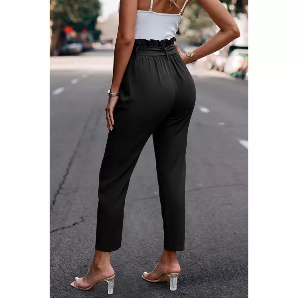 imagePRETTYGARDEN Womens Casual Long Pants High Waist Belted Paper Bag Work Pant Trousers with PocketsBlack