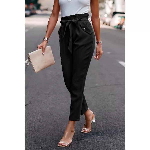 imagePRETTYGARDEN Womens Casual Long Pants High Waist Belted Paper Bag Work Pant Trousers with PocketsBlack