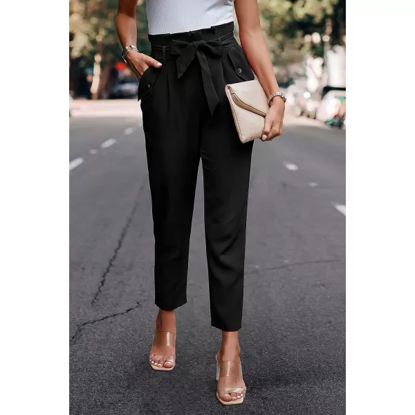 imagePRETTYGARDEN Womens Casual Long Pants High Waist Belted Paper Bag Work Pant Trousers with PocketsBlack