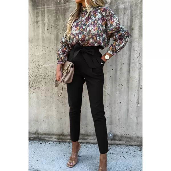 imagePRETTYGARDEN Womens Casual Long Pants High Waist Belted Paper Bag Work Pant Trousers with PocketsBlack
