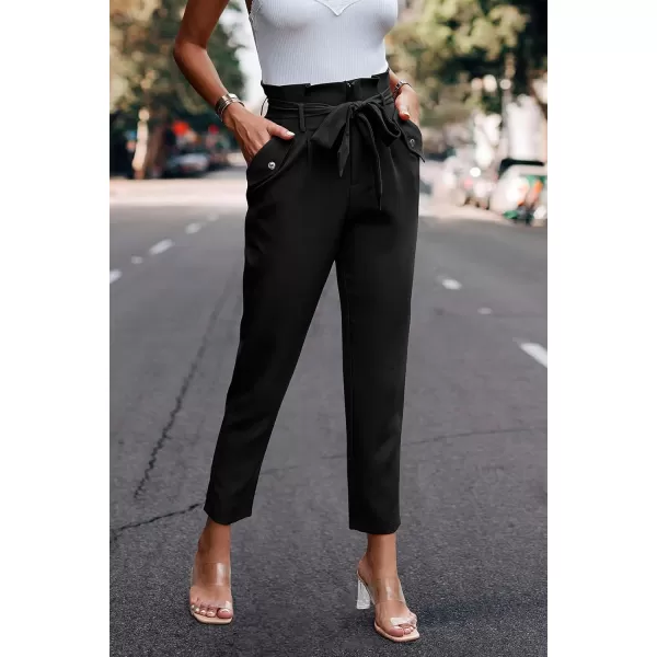 imagePRETTYGARDEN Womens Casual Long Pants High Waist Belted Paper Bag Work Pant Trousers with PocketsBlack