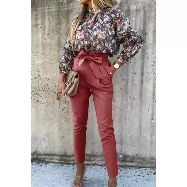 imagePRETTYGARDEN Womens Casual Long Pants High Waist Belted Paper Bag Work Pant Trousers with PocketsBrick Red