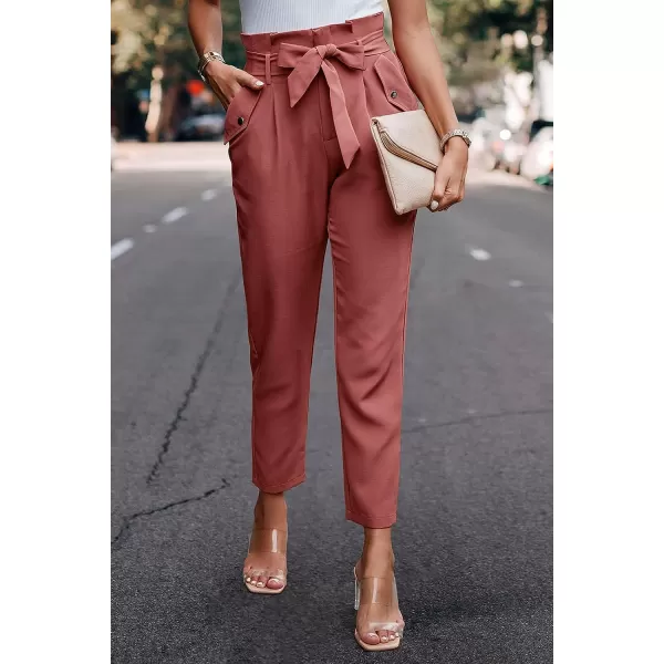 imagePRETTYGARDEN Womens Casual Long Pants High Waist Belted Paper Bag Work Pant Trousers with PocketsBrick Red