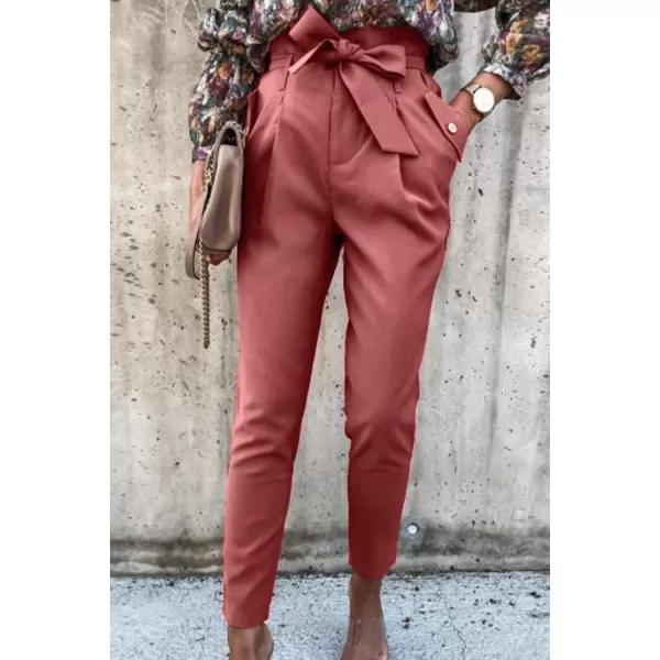 imagePRETTYGARDEN Womens Casual Long Pants High Waist Belted Paper Bag Work Pant Trousers with PocketsBrick Red