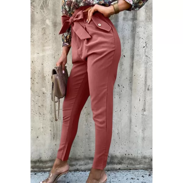 imagePRETTYGARDEN Womens Casual Long Pants High Waist Belted Paper Bag Work Pant Trousers with PocketsBrick Red