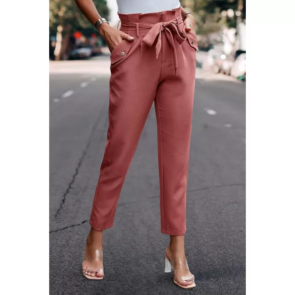 imagePRETTYGARDEN Womens Casual Long Pants High Waist Belted Paper Bag Work Pant Trousers with PocketsBrick Red