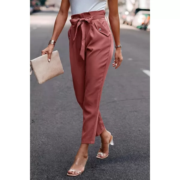 imagePRETTYGARDEN Womens Casual Long Pants High Waist Belted Paper Bag Work Pant Trousers with PocketsBrick Red