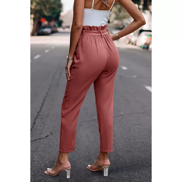 imagePRETTYGARDEN Womens Casual Long Pants High Waist Belted Paper Bag Work Pant Trousers with PocketsBrick Red