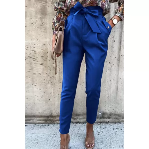 imagePRETTYGARDEN Womens Casual Long Pants High Waist Belted Paper Bag Work Pant Trousers with PocketsBright Blue