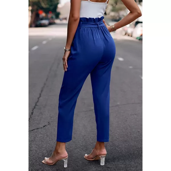 imagePRETTYGARDEN Womens Casual Long Pants High Waist Belted Paper Bag Work Pant Trousers with PocketsBright Blue