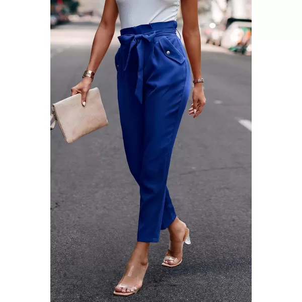 imagePRETTYGARDEN Womens Casual Long Pants High Waist Belted Paper Bag Work Pant Trousers with PocketsBright Blue