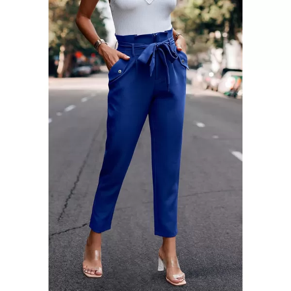 imagePRETTYGARDEN Womens Casual Long Pants High Waist Belted Paper Bag Work Pant Trousers with PocketsBright Blue