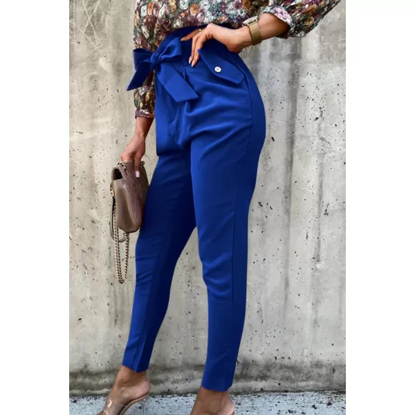 imagePRETTYGARDEN Womens Casual Long Pants High Waist Belted Paper Bag Work Pant Trousers with PocketsBright Blue