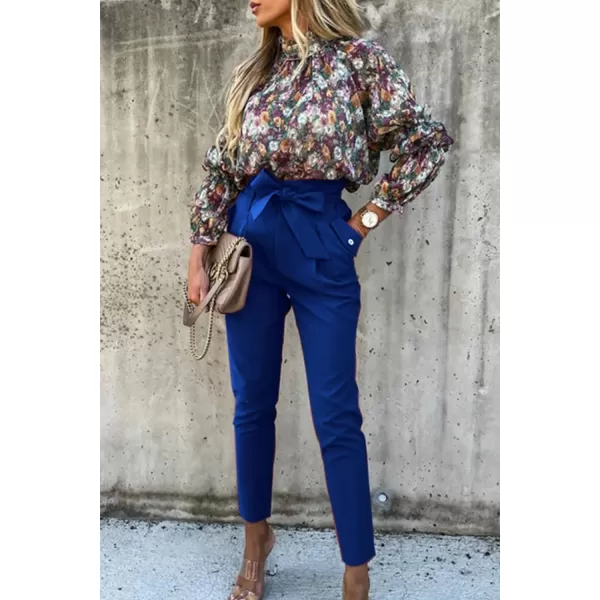 imagePRETTYGARDEN Womens Casual Long Pants High Waist Belted Paper Bag Work Pant Trousers with PocketsBright Blue