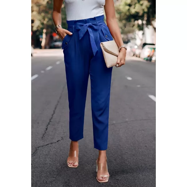 imagePRETTYGARDEN Womens Casual Long Pants High Waist Belted Paper Bag Work Pant Trousers with PocketsBright Blue