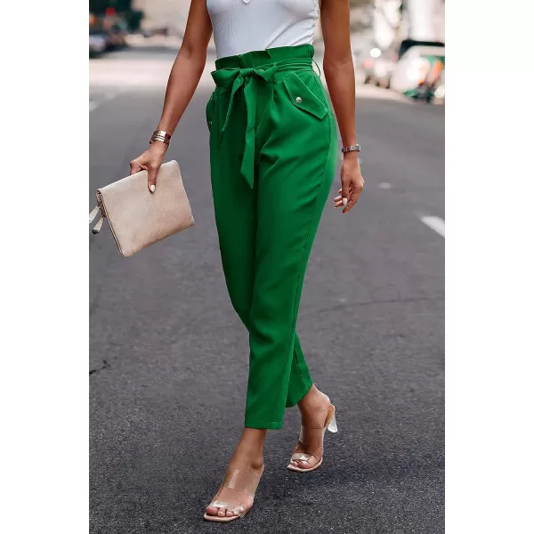 imagePRETTYGARDEN Womens Casual Long Pants High Waist Belted Paper Bag Work Pant Trousers with PocketsBright Green