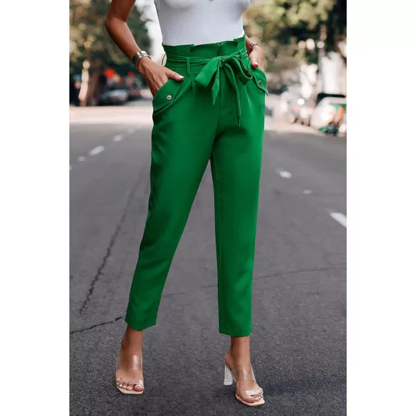 imagePRETTYGARDEN Womens Casual Long Pants High Waist Belted Paper Bag Work Pant Trousers with PocketsBright Green