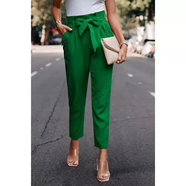 imagePRETTYGARDEN Womens Casual Long Pants High Waist Belted Paper Bag Work Pant Trousers with PocketsBright Green