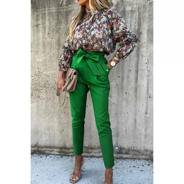imagePRETTYGARDEN Womens Casual Long Pants High Waist Belted Paper Bag Work Pant Trousers with PocketsBright Green