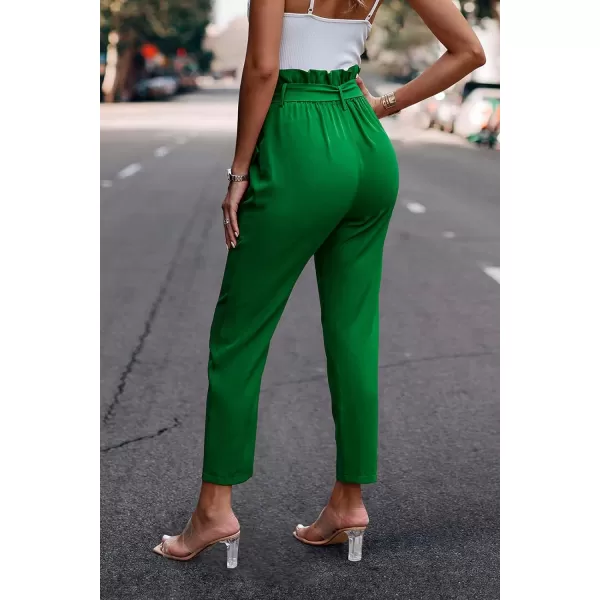 imagePRETTYGARDEN Womens Casual Long Pants High Waist Belted Paper Bag Work Pant Trousers with PocketsBright Green