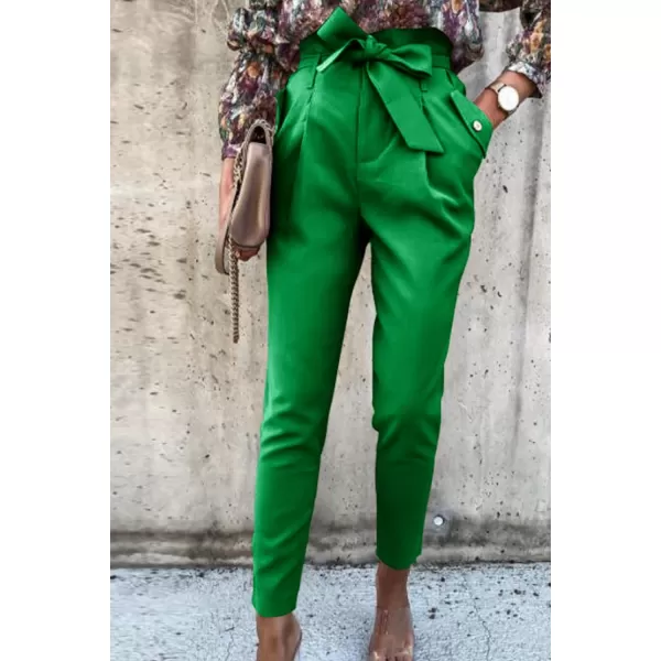 imagePRETTYGARDEN Womens Casual Long Pants High Waist Belted Paper Bag Work Pant Trousers with PocketsBright Green