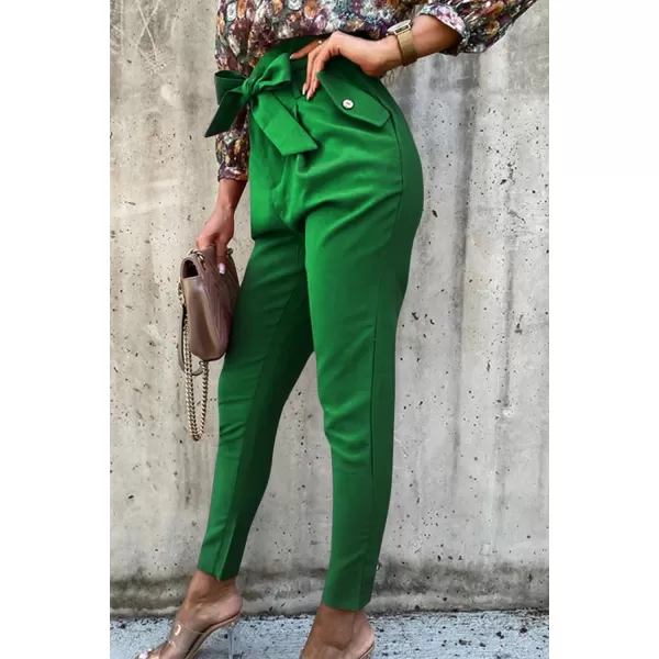 imagePRETTYGARDEN Womens Casual Long Pants High Waist Belted Paper Bag Work Pant Trousers with PocketsBright Green
