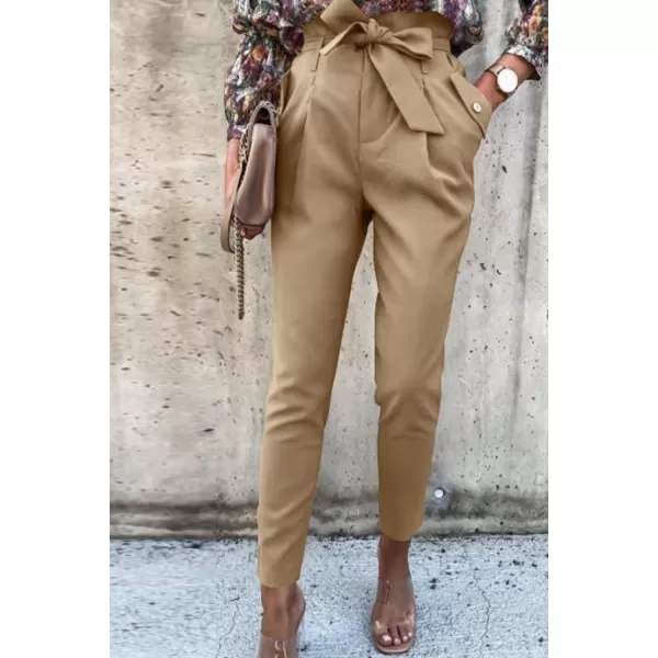 imagePRETTYGARDEN Womens Casual Long Pants High Waist Belted Paper Bag Work Pant Trousers with PocketsLight Apricot