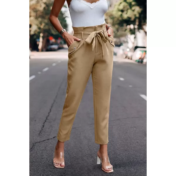 imagePRETTYGARDEN Womens Casual Long Pants High Waist Belted Paper Bag Work Pant Trousers with PocketsLight Apricot