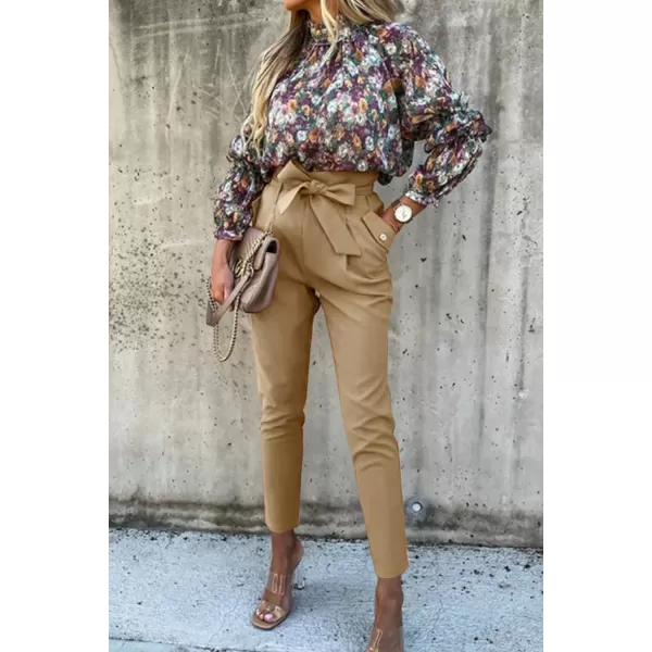 imagePRETTYGARDEN Womens Casual Long Pants High Waist Belted Paper Bag Work Pant Trousers with PocketsLight Apricot