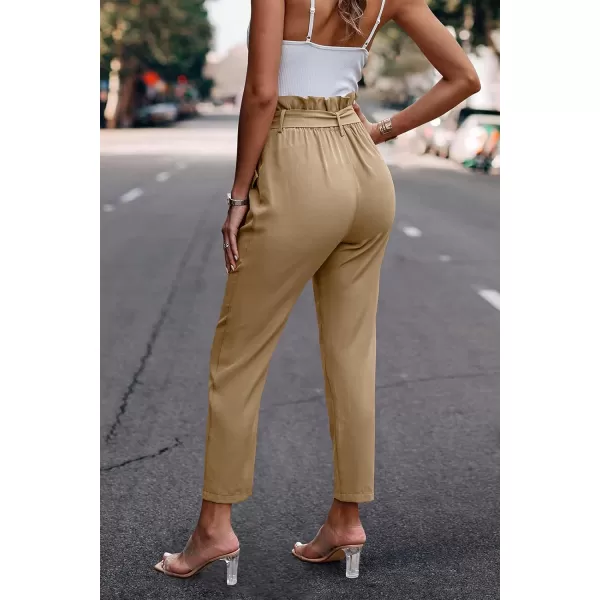 imagePRETTYGARDEN Womens Casual Long Pants High Waist Belted Paper Bag Work Pant Trousers with PocketsLight Apricot