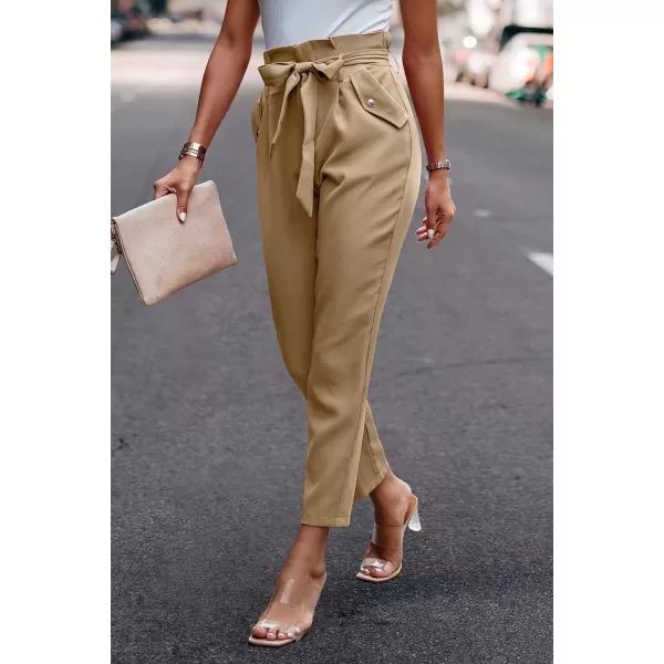 imagePRETTYGARDEN Womens Casual Long Pants High Waist Belted Paper Bag Work Pant Trousers with PocketsLight Apricot