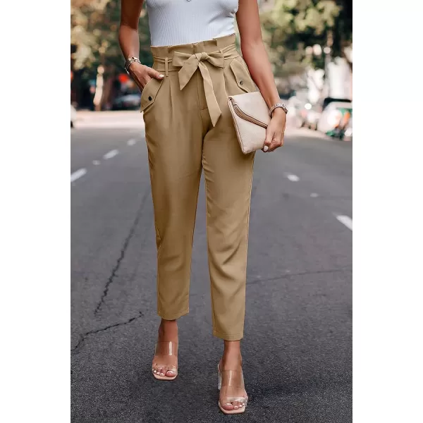 imagePRETTYGARDEN Womens Casual Long Pants High Waist Belted Paper Bag Work Pant Trousers with PocketsLight Apricot
