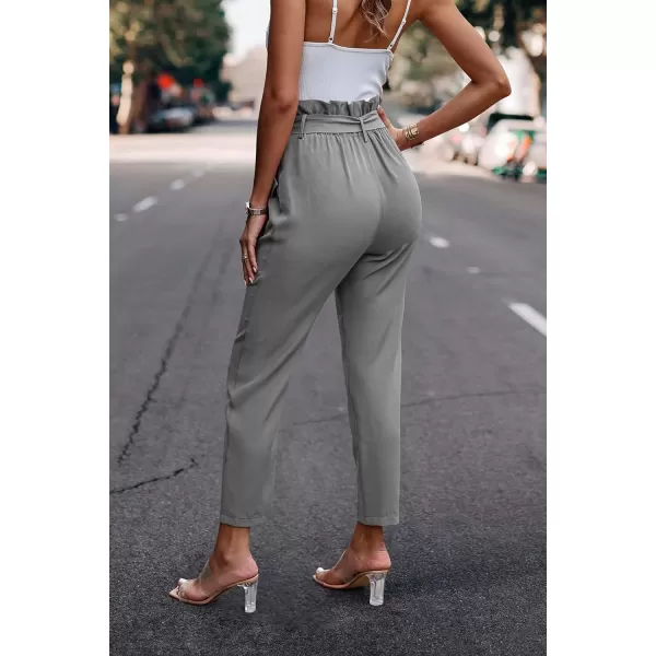 imagePRETTYGARDEN Womens Casual Long Pants High Waist Belted Paper Bag Work Pant Trousers with PocketsLight Grey