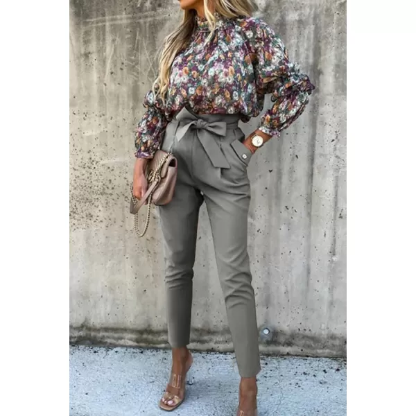 imagePRETTYGARDEN Womens Casual Long Pants High Waist Belted Paper Bag Work Pant Trousers with PocketsLight Grey