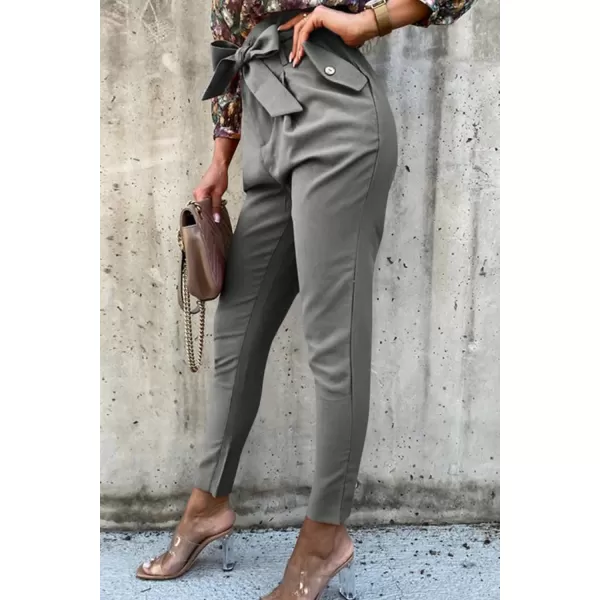 imagePRETTYGARDEN Womens Casual Long Pants High Waist Belted Paper Bag Work Pant Trousers with PocketsLight Grey