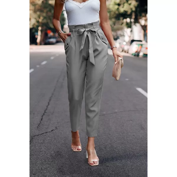 imagePRETTYGARDEN Womens Casual Long Pants High Waist Belted Paper Bag Work Pant Trousers with PocketsLight Grey