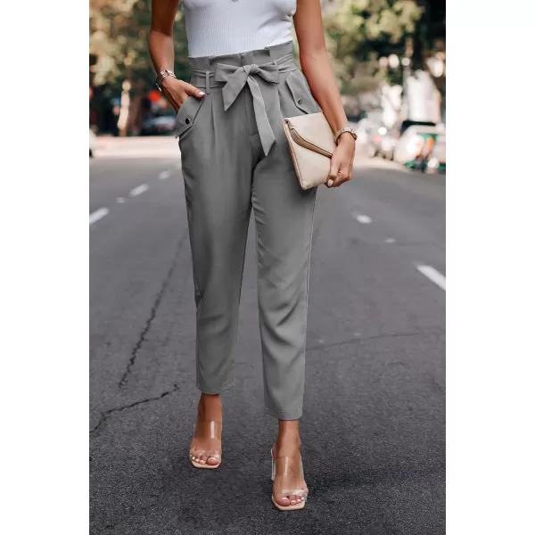 imagePRETTYGARDEN Womens Casual Long Pants High Waist Belted Paper Bag Work Pant Trousers with PocketsLight Grey
