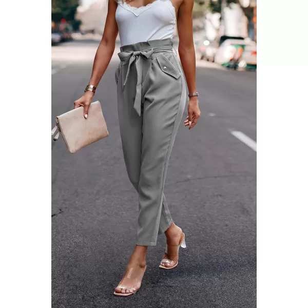 imagePRETTYGARDEN Womens Casual Long Pants High Waist Belted Paper Bag Work Pant Trousers with PocketsLight Grey