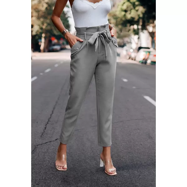 imagePRETTYGARDEN Womens Casual Long Pants High Waist Belted Paper Bag Work Pant Trousers with PocketsLight Grey