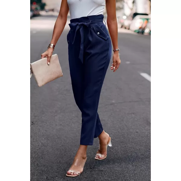 imagePRETTYGARDEN Womens Casual Long Pants High Waist Belted Paper Bag Work Pant Trousers with PocketsNavy
