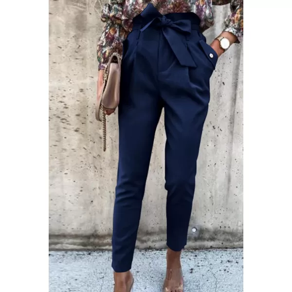 imagePRETTYGARDEN Womens Casual Long Pants High Waist Belted Paper Bag Work Pant Trousers with PocketsNavy