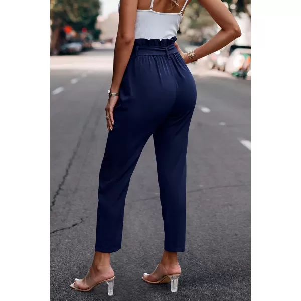 imagePRETTYGARDEN Womens Casual Long Pants High Waist Belted Paper Bag Work Pant Trousers with PocketsNavy