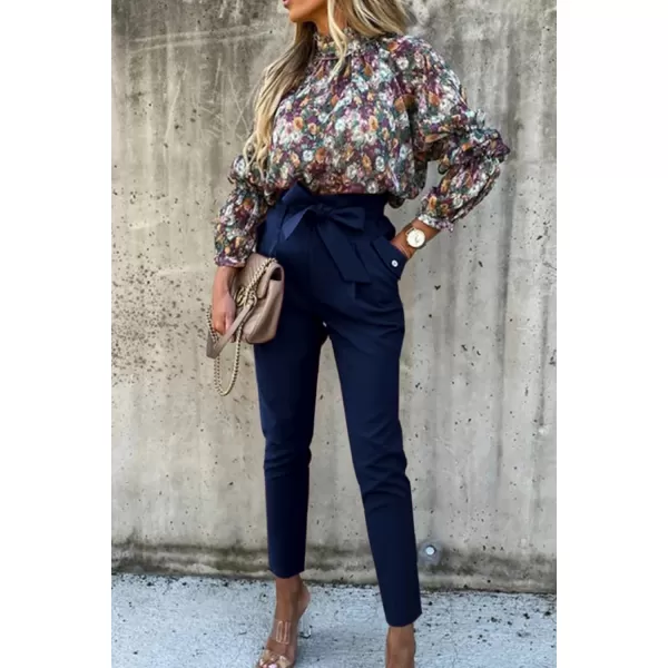 imagePRETTYGARDEN Womens Casual Long Pants High Waist Belted Paper Bag Work Pant Trousers with PocketsNavy