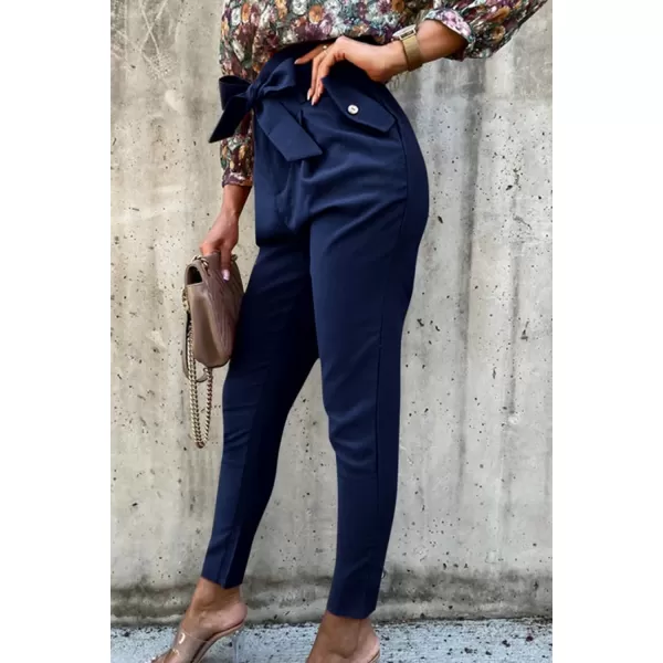 imagePRETTYGARDEN Womens Casual Long Pants High Waist Belted Paper Bag Work Pant Trousers with PocketsNavy