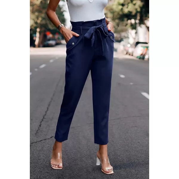 imagePRETTYGARDEN Womens Casual Long Pants High Waist Belted Paper Bag Work Pant Trousers with PocketsNavy