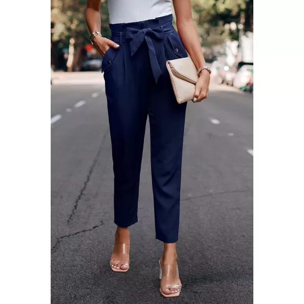 imagePRETTYGARDEN Womens Casual Long Pants High Waist Belted Paper Bag Work Pant Trousers with PocketsNavy