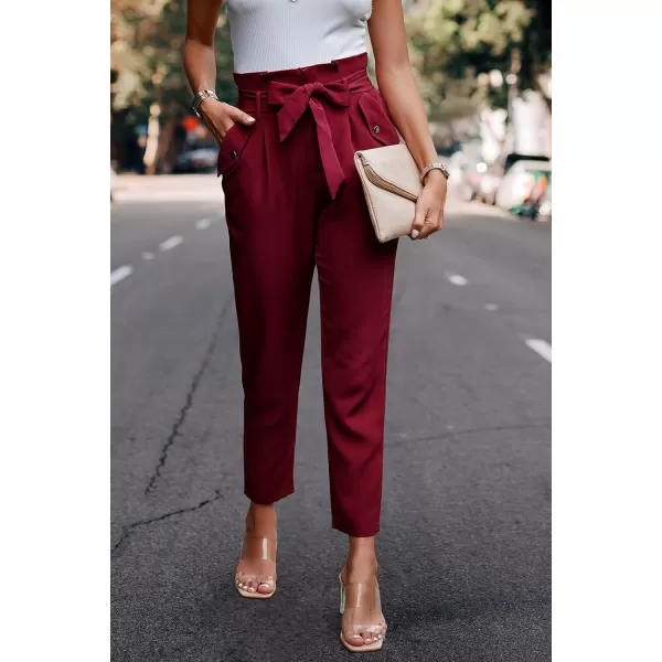 imagePRETTYGARDEN Womens Casual Long Pants High Waist Belted Paper Bag Work Pant Trousers with PocketsWine Red