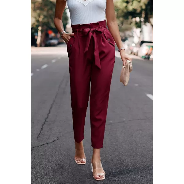 imagePRETTYGARDEN Womens Casual Long Pants High Waist Belted Paper Bag Work Pant Trousers with PocketsWine Red