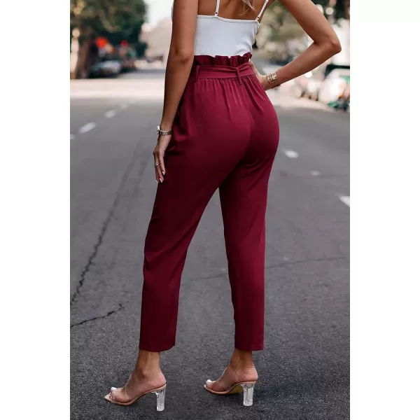 imagePRETTYGARDEN Womens Casual Long Pants High Waist Belted Paper Bag Work Pant Trousers with PocketsWine Red