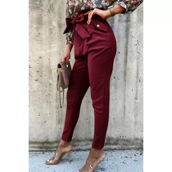 imagePRETTYGARDEN Womens Casual Long Pants High Waist Belted Paper Bag Work Pant Trousers with PocketsWine Red